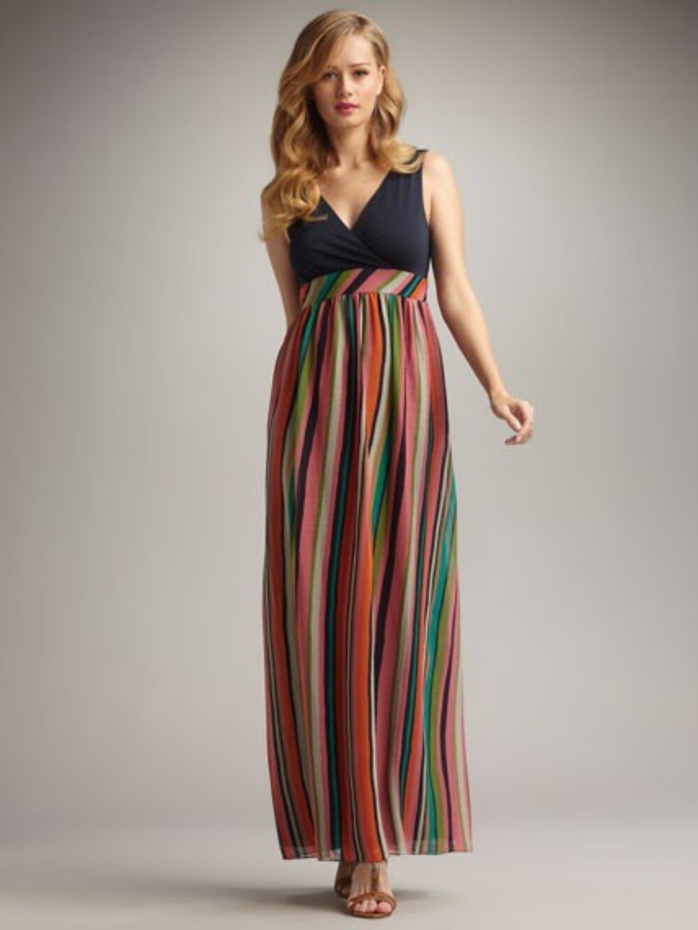Phoebe Couture Navy Top Multi-Color Striped Maxi Dress
